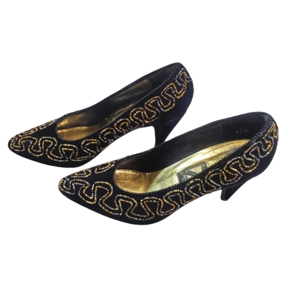 Vintage J.Renee Heels Womens Size 5.5 M Black Velvet Rhinestones Embellished